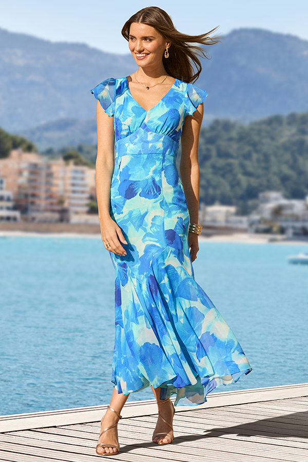 Blue Floral Print Chiffon Angel Sleeve Dress
