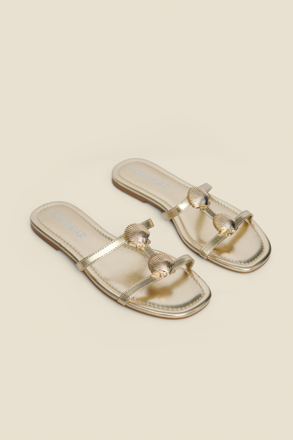 Gold Metallic Seashell Strap Detail Flat Sandals