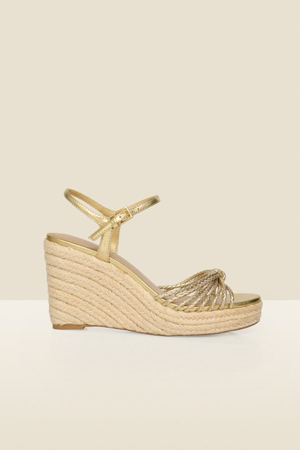 Champagne Gold Metallic Plaited Strap Detail Jute Wedge Espadrilles