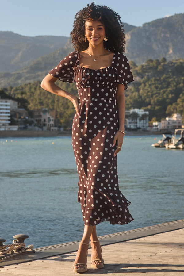 Chocolate Brown Polka Dot Ruffle Hem Dress