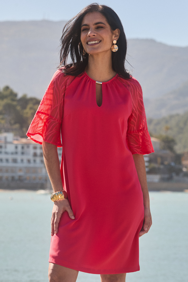 Coral Flutter Sleeve Keyhole Detail Shift Dress