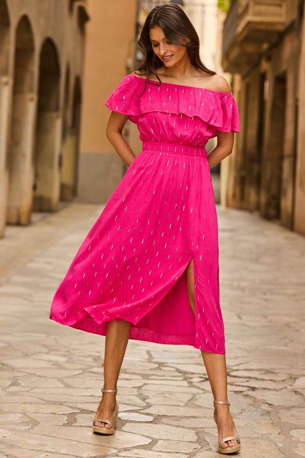 Pink Fleck Print Bardot Stretch Waist Dress