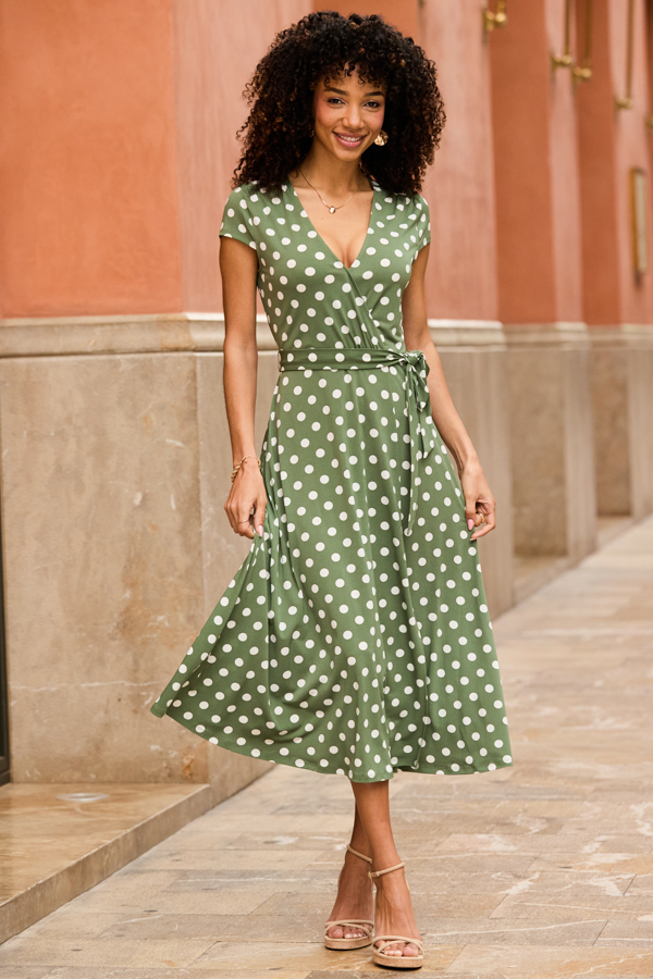 Khaki Green Spot Print Faux Wrap Dress