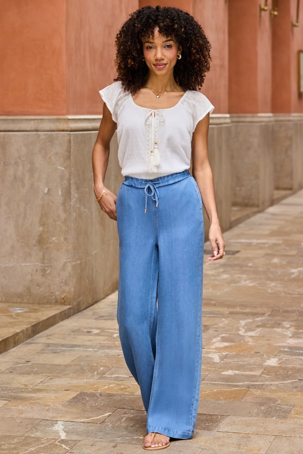 Light Wash Soft Denim Drawstring Waist Wide Leg Trousers