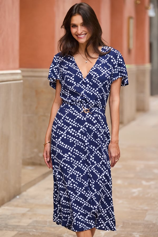 Navy Blue Spot Print Flutter Sleeve Fit & Flare Dress