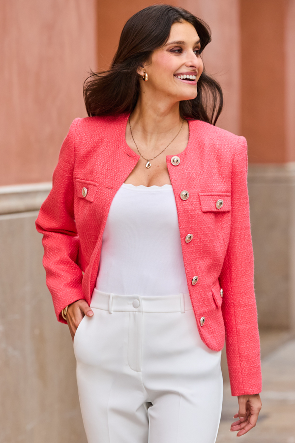 Coral Collarless Boucle Jacket With Gold Button Detail
