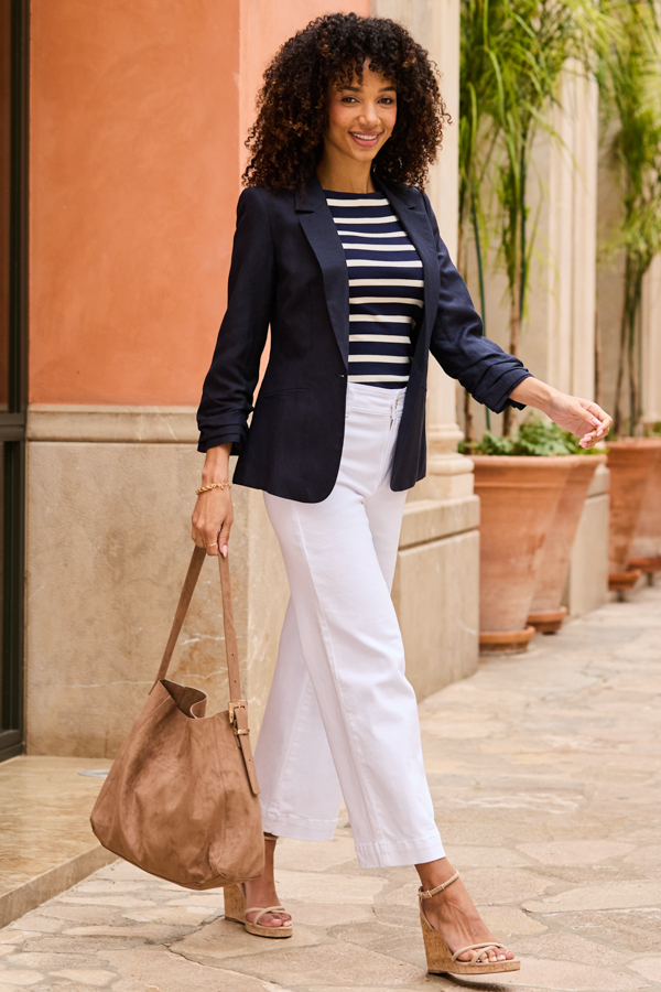 Navy Blue Ruched Sleeve Linen Blend Blazer