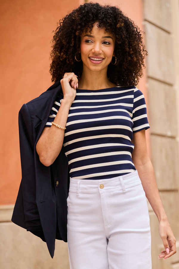 Navy Blue & White Slash Neck Stripe Top