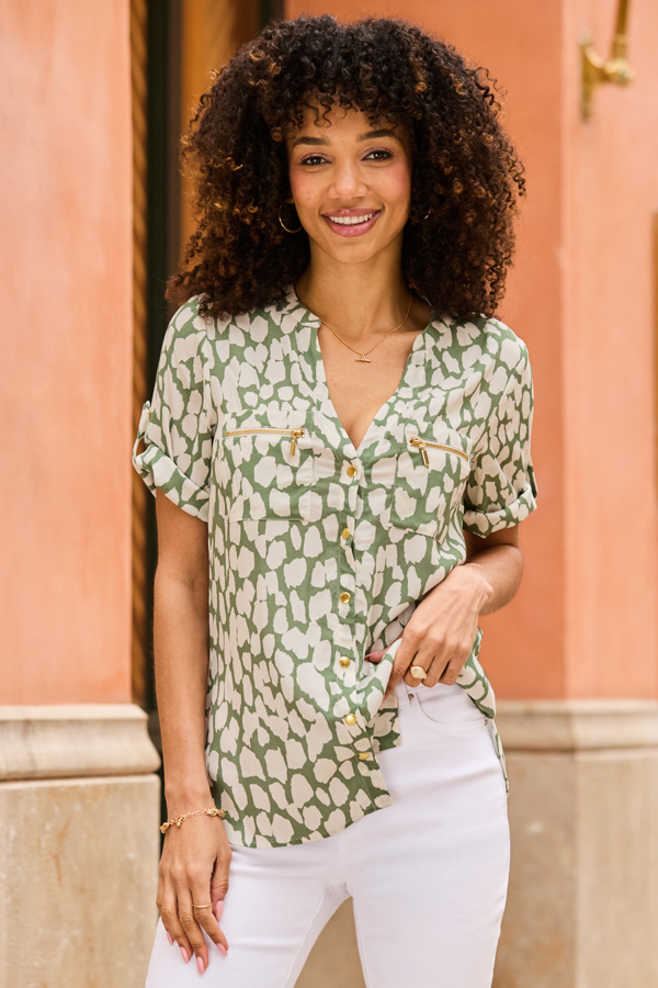 Khaki Green Morocco Print Button Front Tunic Top