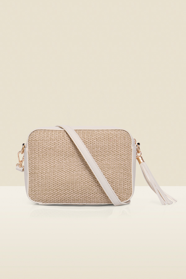 Natural Raffia & Ivory Trim Cross Body Bag