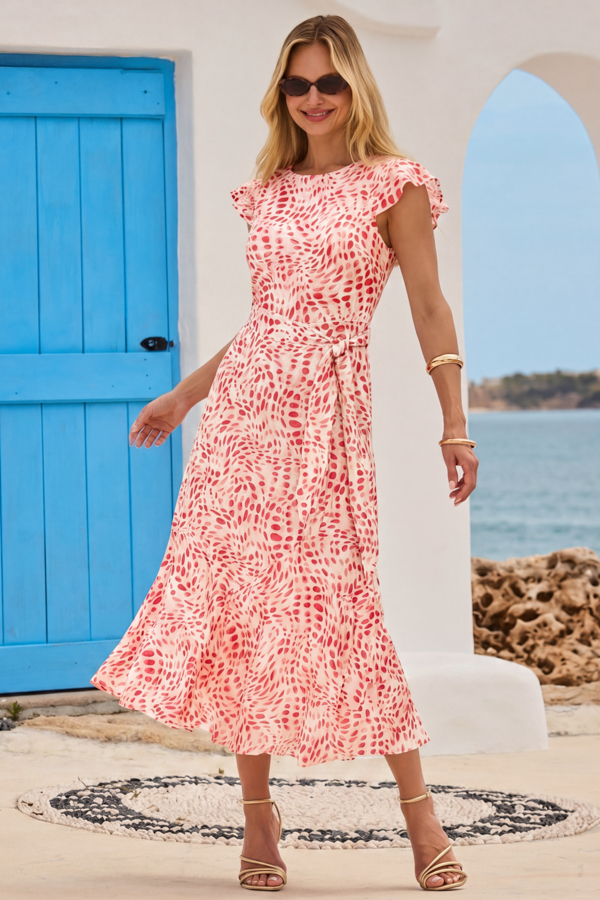 Petite Coral & White Abstract Print Frill Hem Midaxi Dress