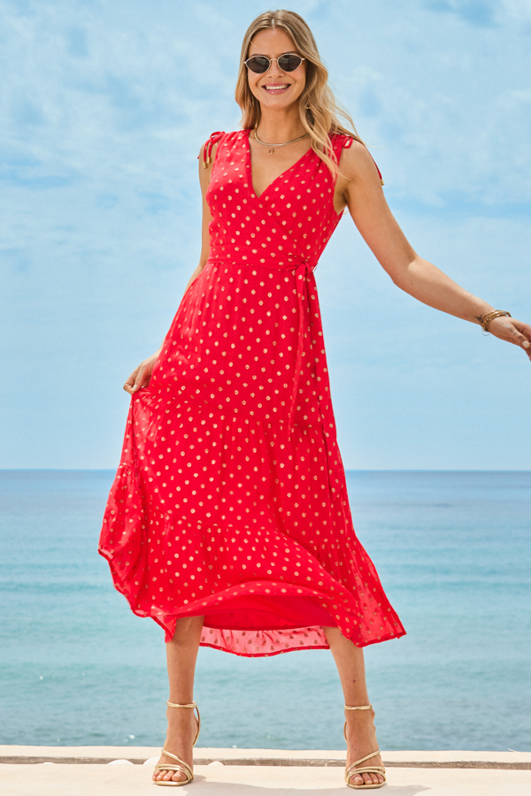 Coral & Gold Metallic Fleck Print Wrap Dress