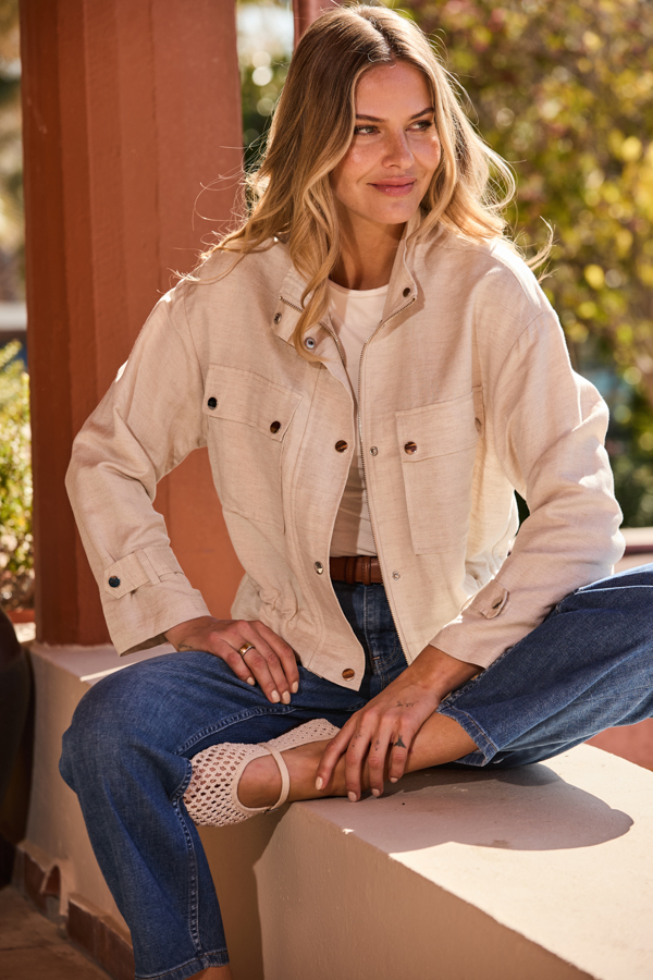 Taupe Linen Blend Funnel Neck Drawstring Jacket