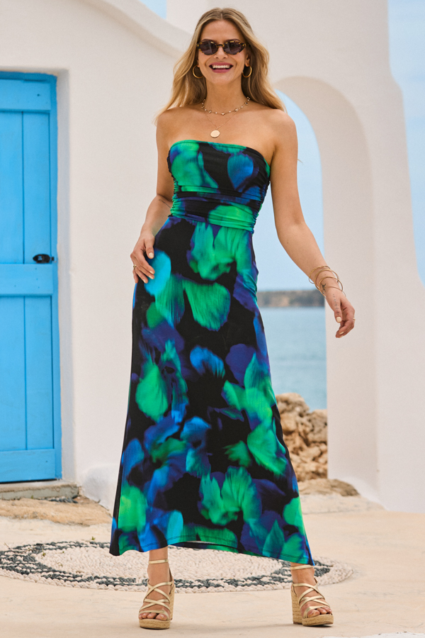 Petite Blue & Green Watercolour Print Bandeau Maxi Dress
