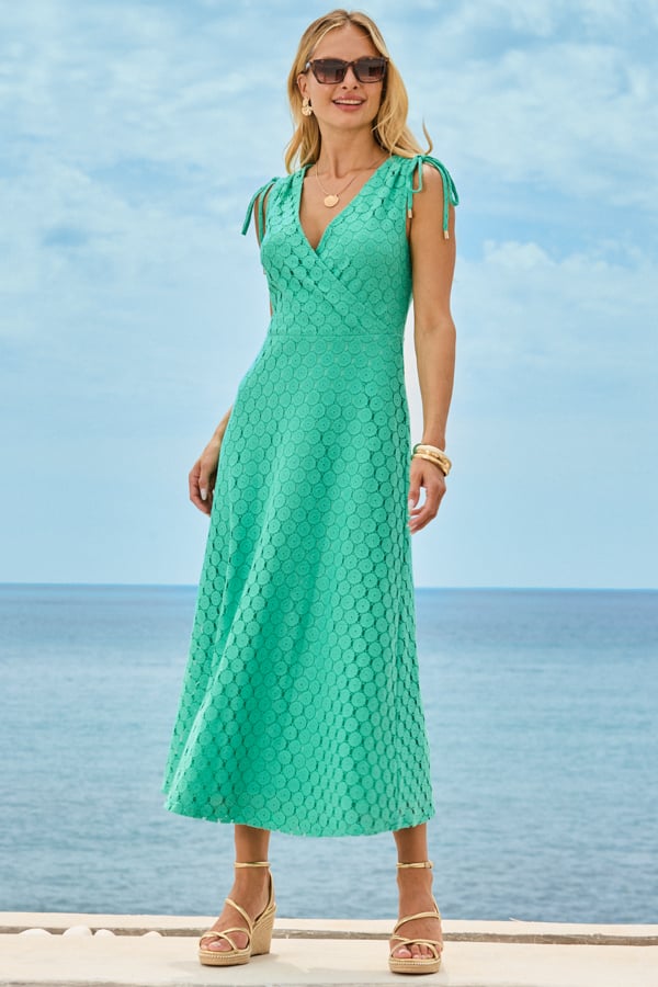 Green Crochet Tie Shoulder Midaxi Dress