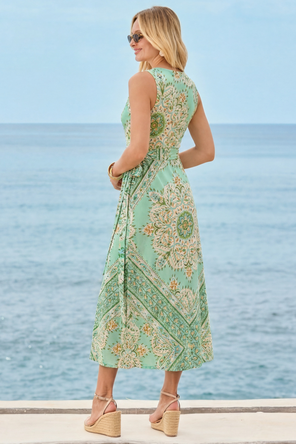 Green Scarf Print Satin Wrap Front Midi Dress