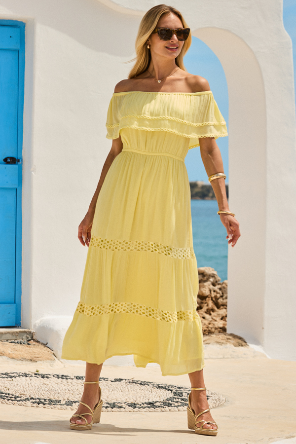 Lemon Yellow Bardot Tiered Lace Trim Dress Lemon Yellow Bardot Tiered Lace Trim Dress