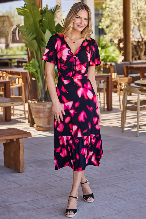 Black & Pink Floral Print Ruched Waist Fit & Flare Dress