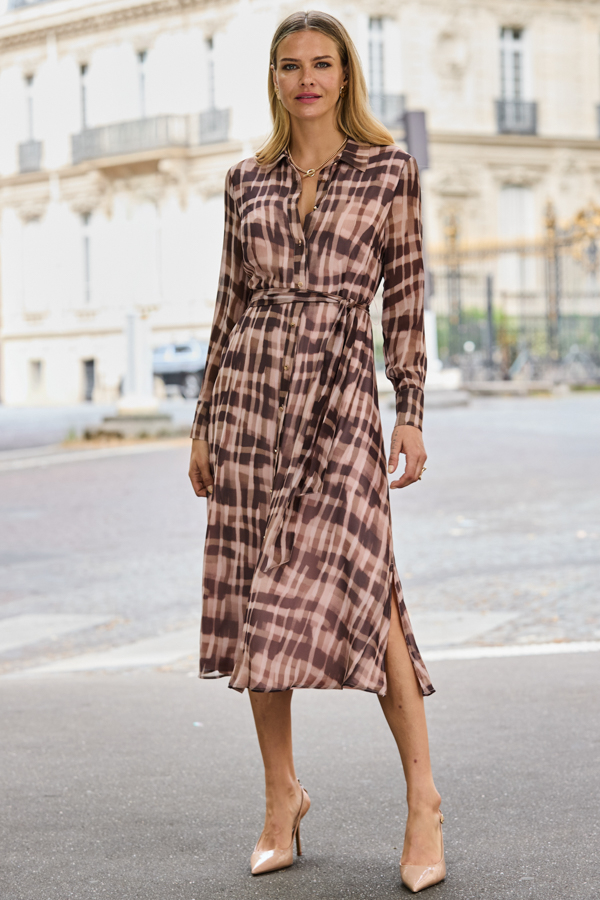 Brown Abstract Check Print Shirt Dress