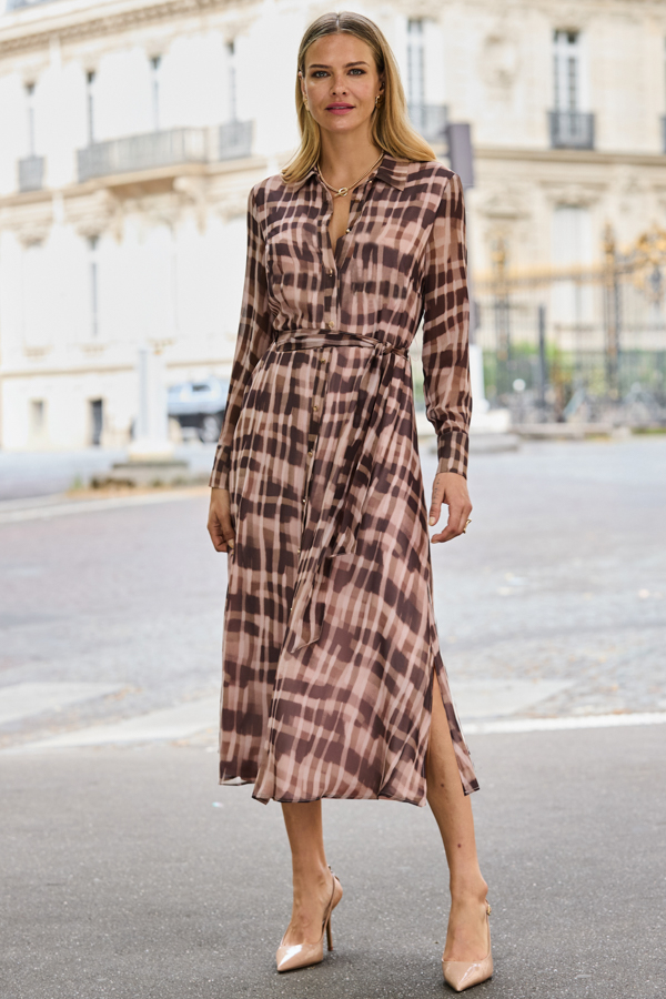 Brown Abstract Check Print Shirt Dress
