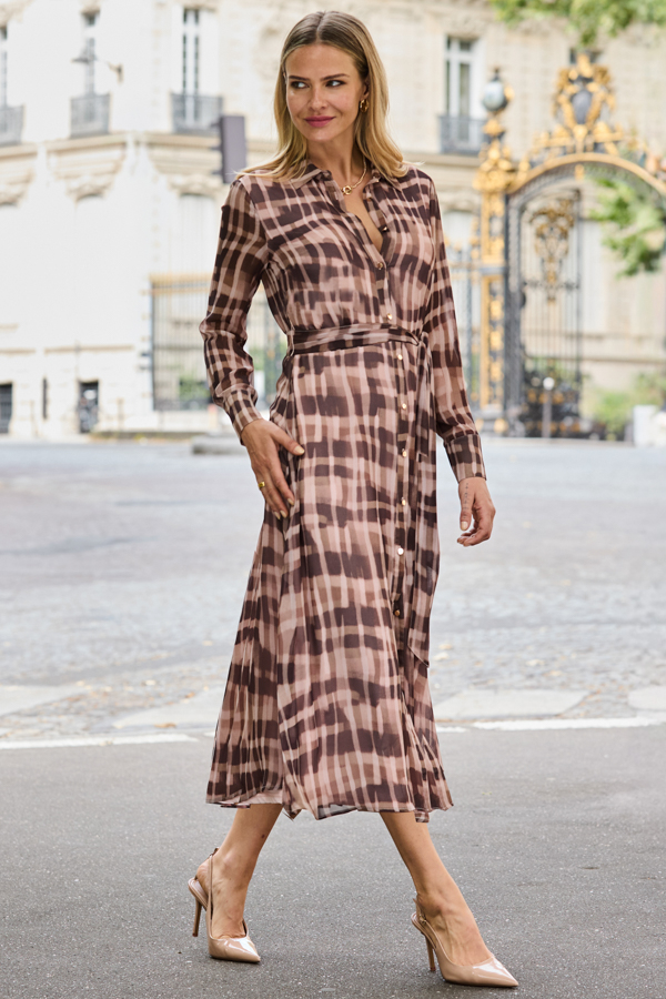 Brown Abstract Check Print Shirt Dress