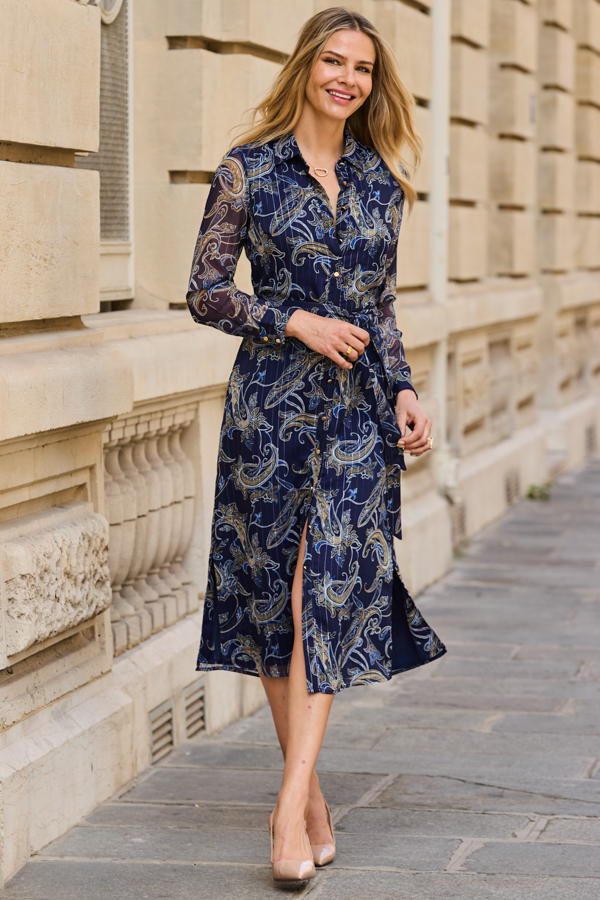 Navy Blue Paisley Print Belted Shirt Dress
