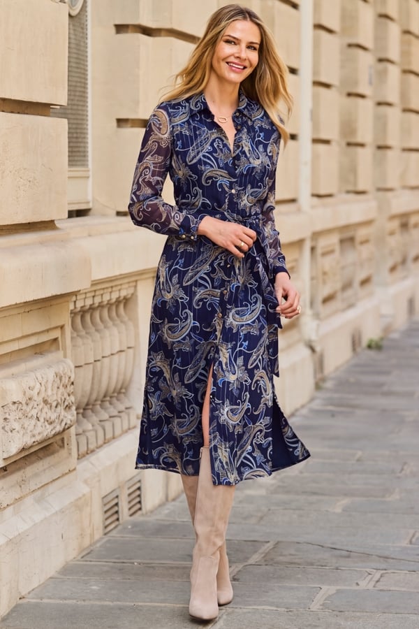 Navy Blue Paisley Print Belted Shirt Dress