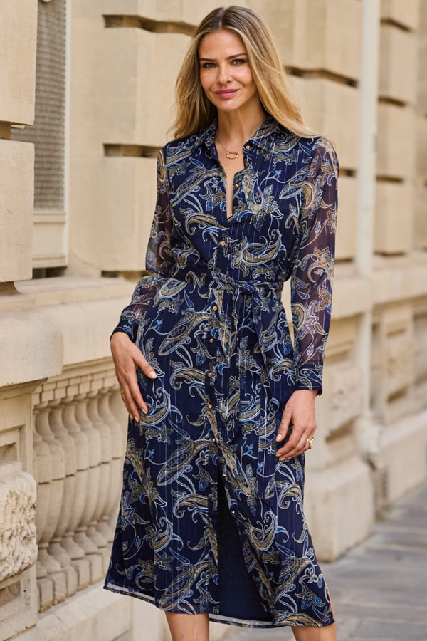 blue paisley shirt dress Navy Print Belted Turquoise