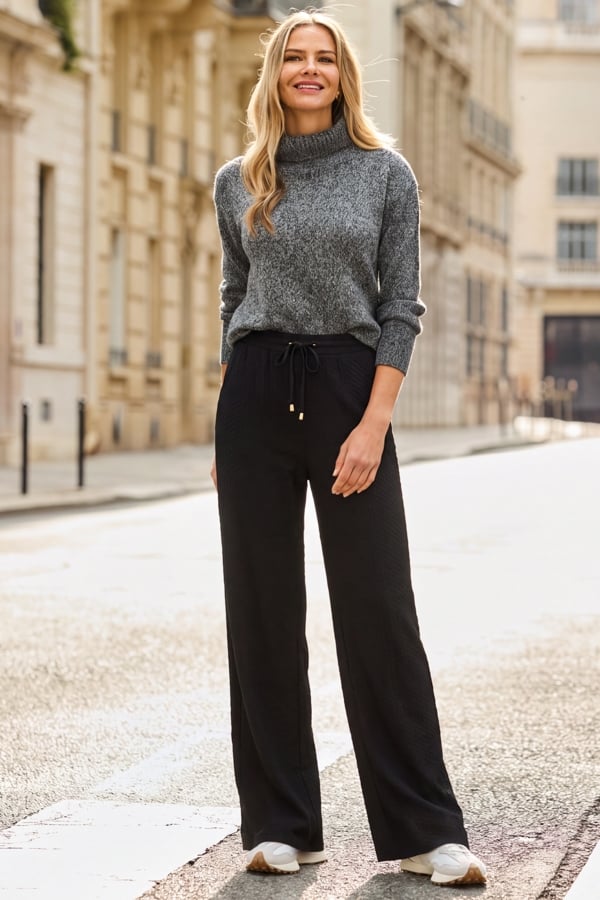 Black Textured Wide Leg Trousers