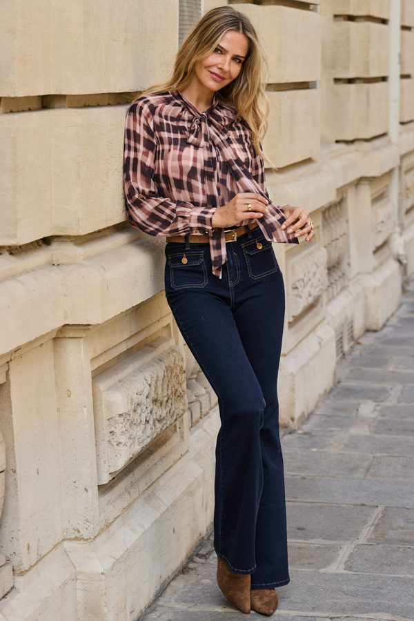 Brown Check Print Tie Neck Blouse
