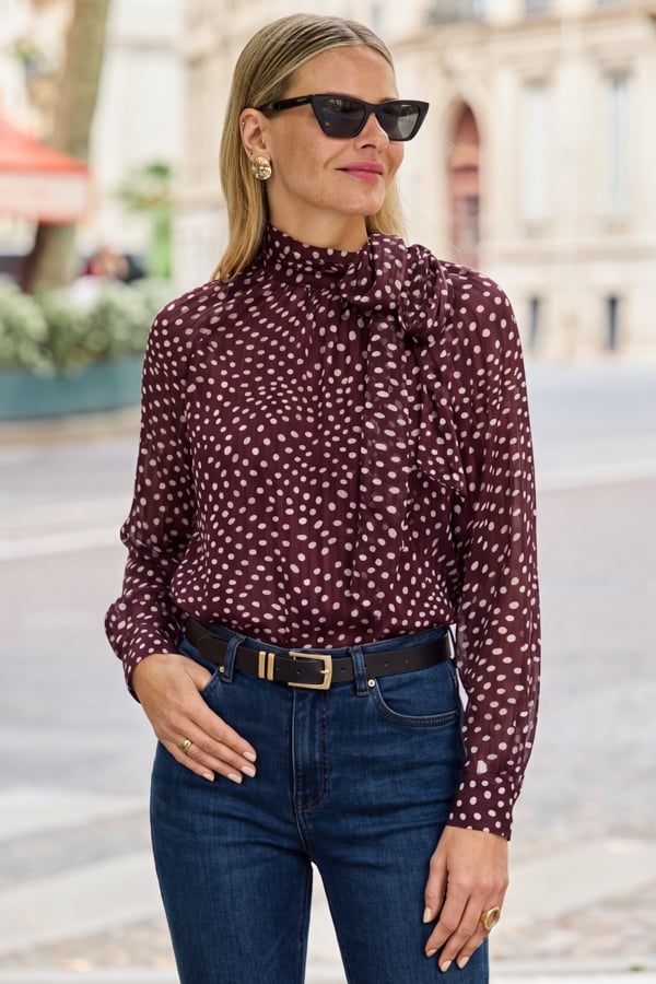 Burgundy Spot Print Satin Tie Detail Blouse