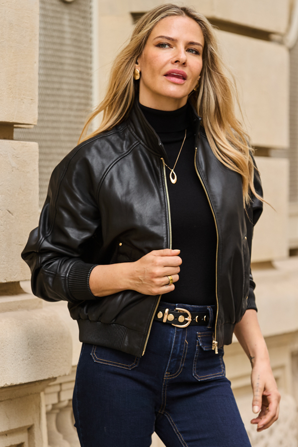 Black Leather Funnel Collar Bomber Jacket