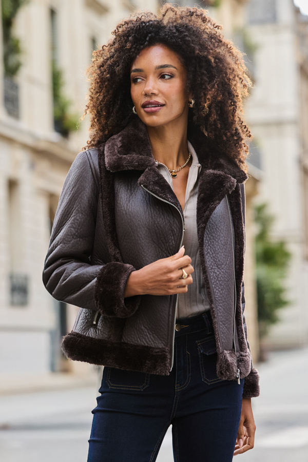 Chocolate Brown Faux Shearling Aviator Jacket