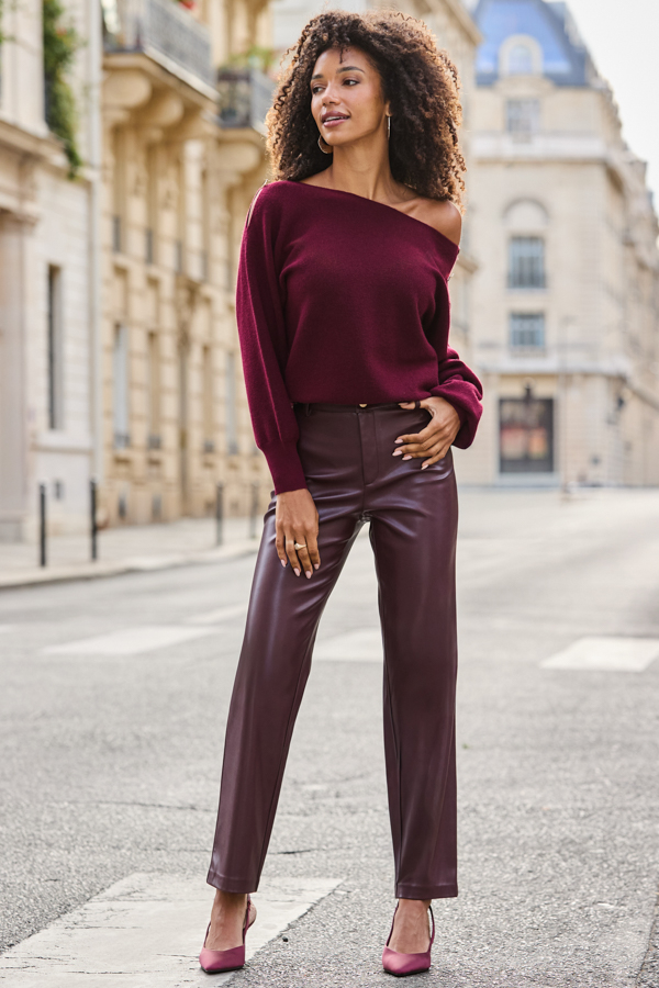 Burgundy Faux Leather Straight Leg Trousers