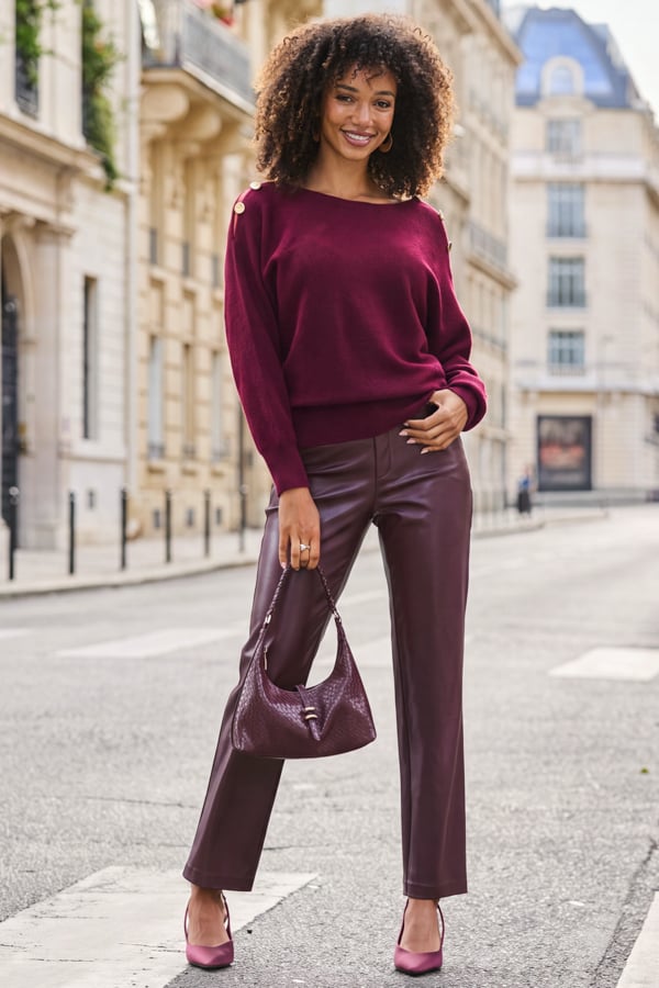 Burgundy Faux Leather Straight Leg Trousers