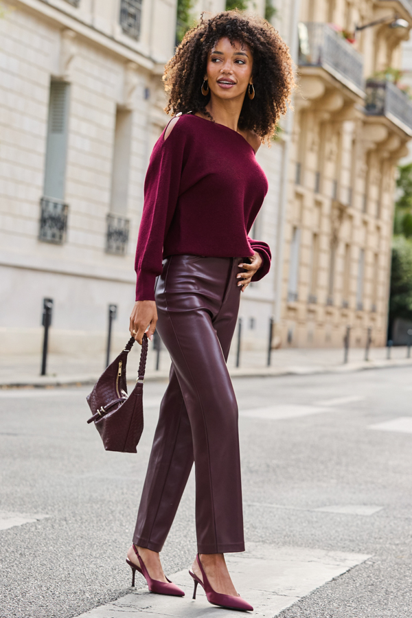 Burgundy Off The Shoulder Jumper With Gold Detail