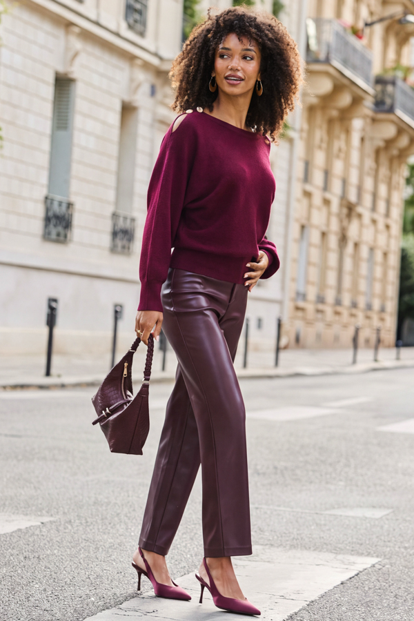 Burgundy Slash Neck Shoulder Jumper With Gold Detail