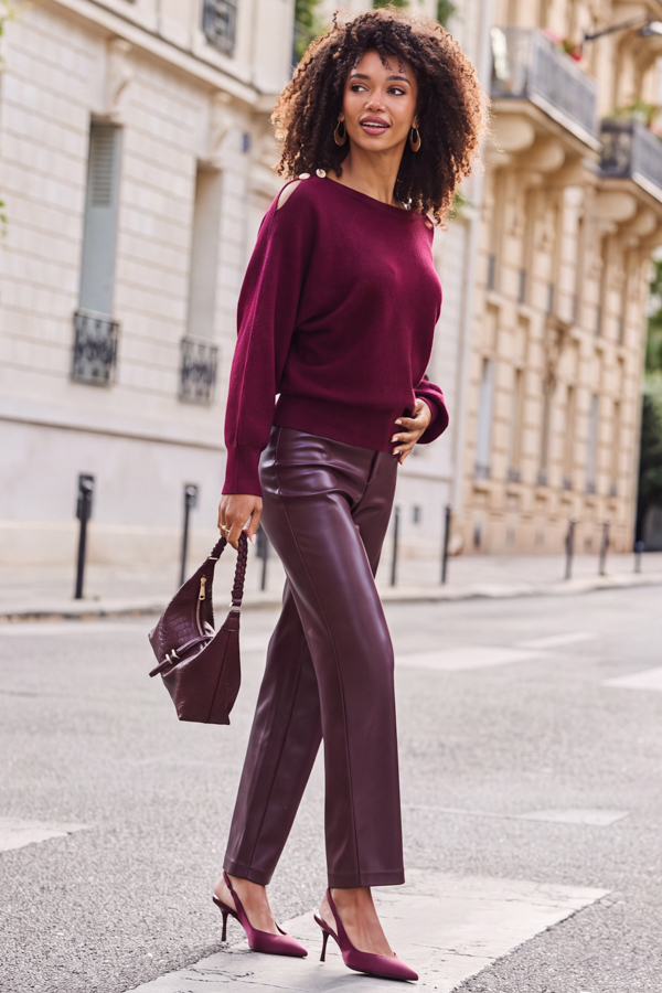 Burgundy Faux Leather Straight Leg Trousers