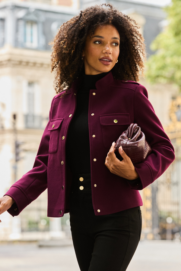 Burgundy Mandarin Collar Jacket With Gold Buttons