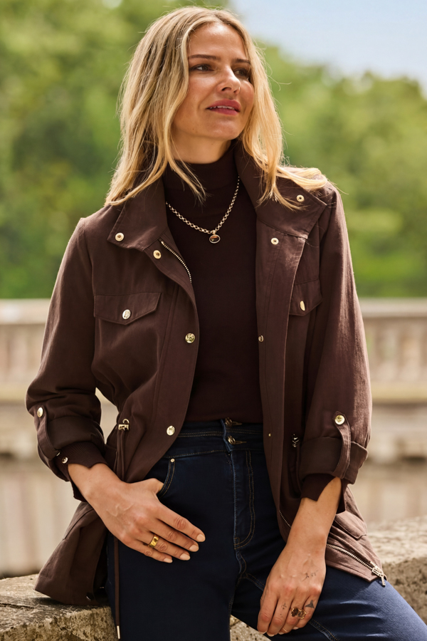 Chocolate Brown Cinched Waist Funnel Neck Jacket