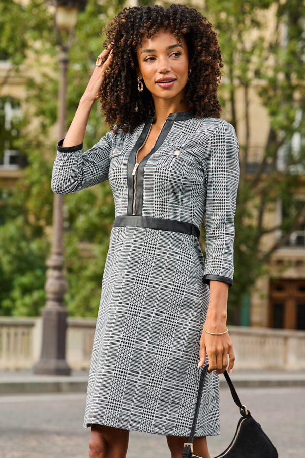 Black & White Houndstooth Zip Front Dress With Faux Leather Trim