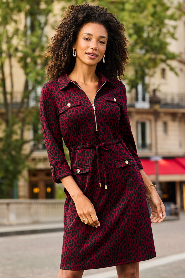 Burgundy Animal Print Premium Jacquard Dress