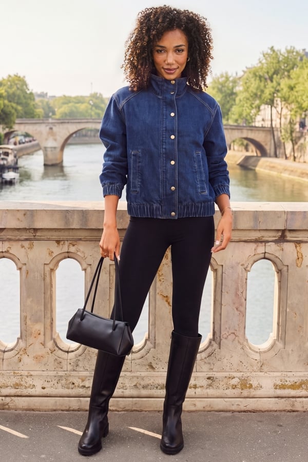 Dark Indigo Funnel Neck Denim Bomber Jacket