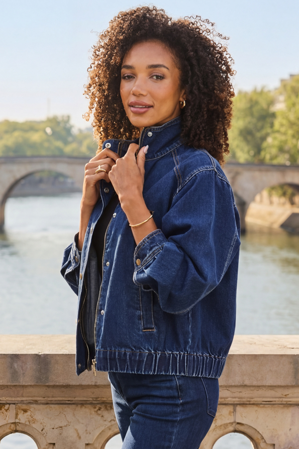 Dark Indigo Funnel Neck Denim Bomber Jacket