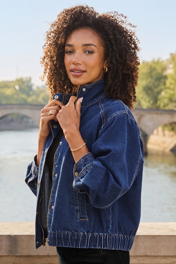 Dark Indigo Funnel Neck Denim Bomber Jacket