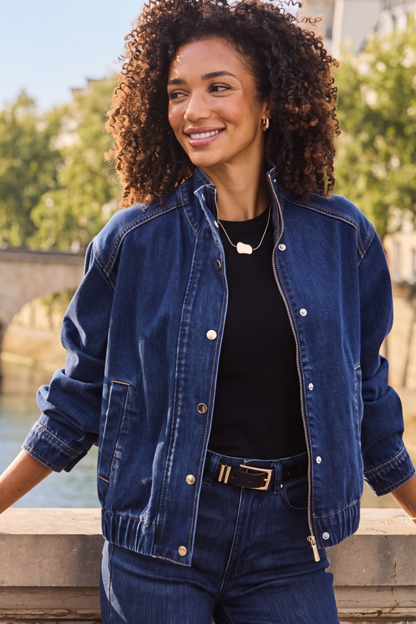 Dark Indigo Funnel Neck Denim Bomber Jacket