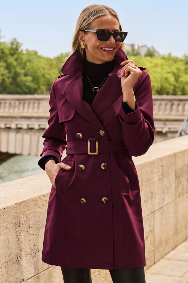Burgundy Double Breasted Trench Coat With Pockets
