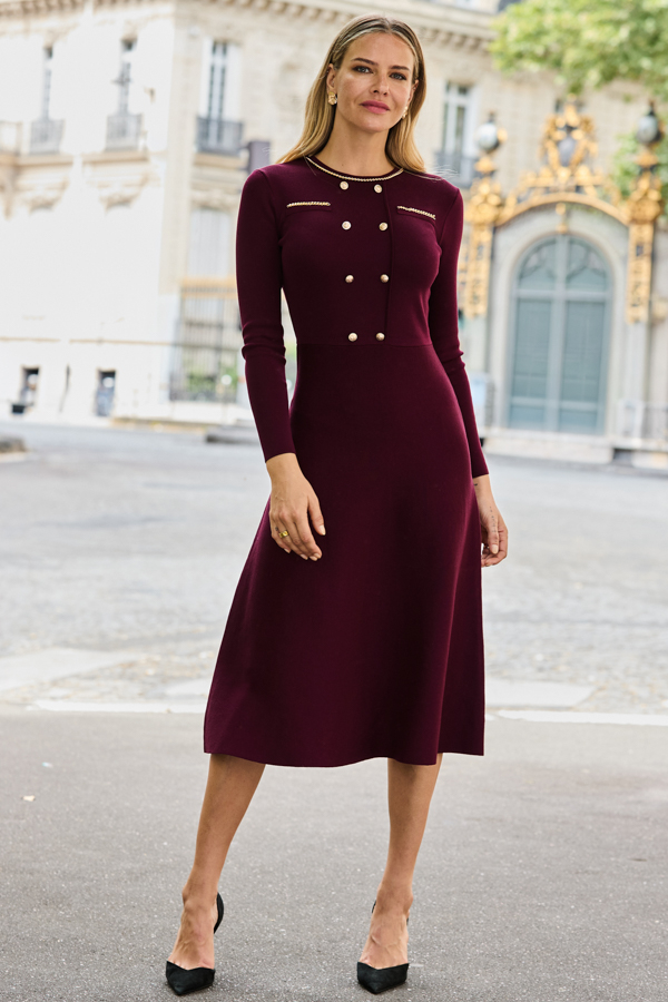 Burgundy Button & Chain Detail Fit & Flare Knitted Dress