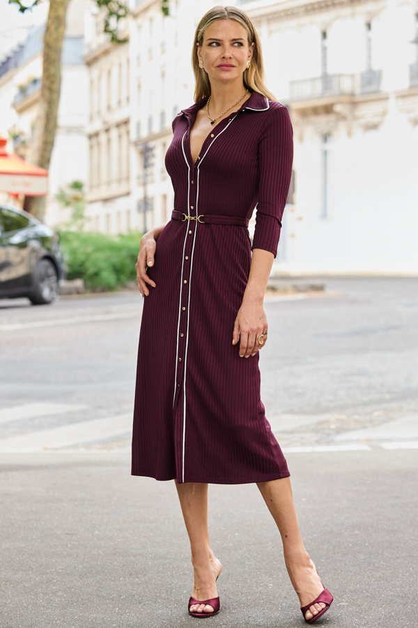 Burgundy Premium Rib Button Front Shirt Dress