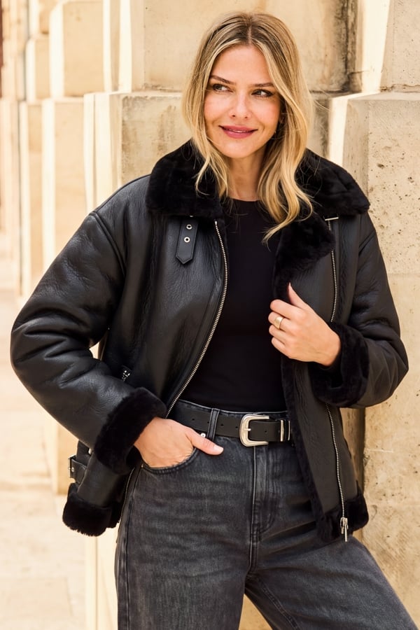Black Faux Shearling Aviator Jacket